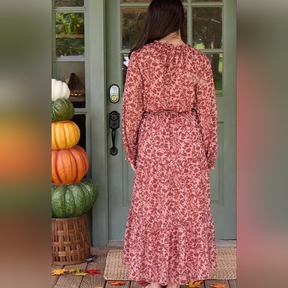 Laurel Gray Floral Long Sleeve Ruffle  Women's Maxi Dress Size XL - Picture 2 of 9